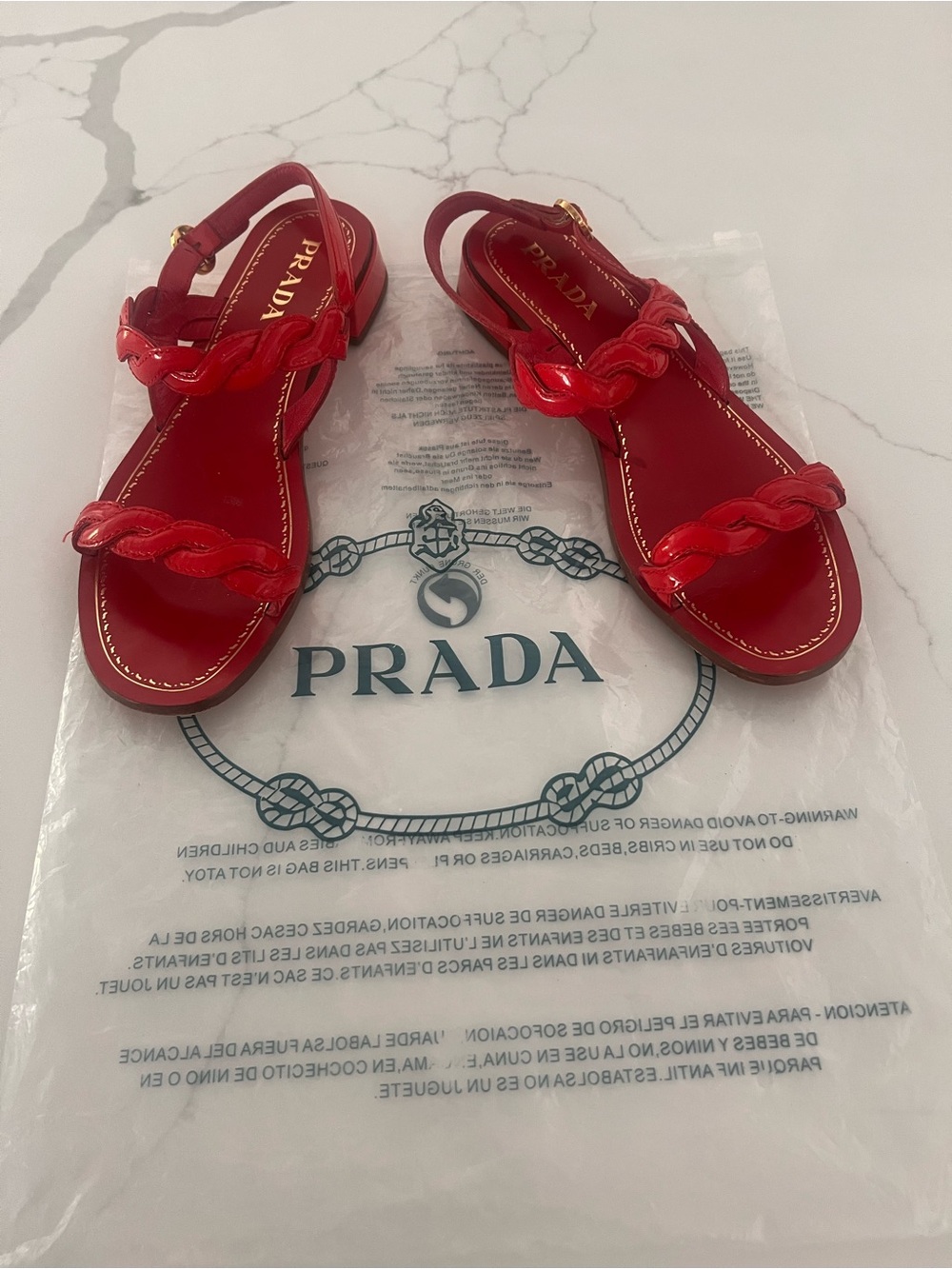 Prada Red Braided Patent Leather Slingback Sandals